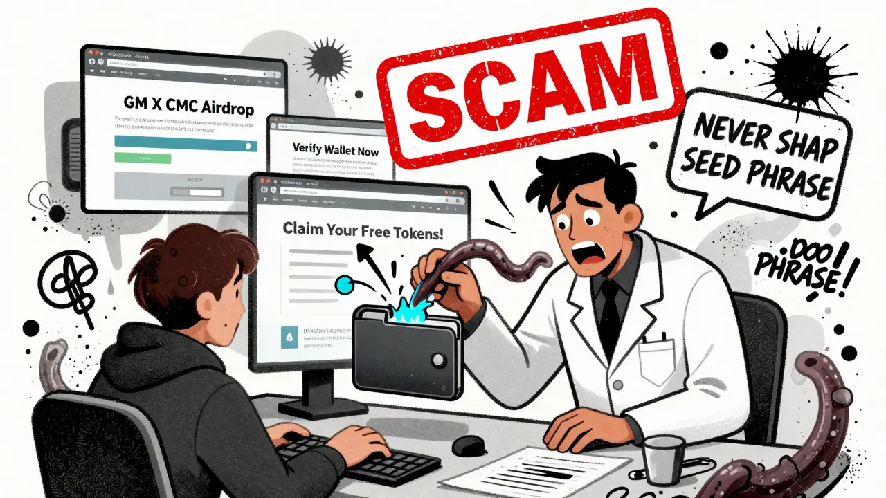 Un truffatore in un laboratorio crea siti falsi di airdrop, mentre il portafoglio di un utente viene svuotato da tentacoli invisibili, con avvertimenti visivi in primo piano.