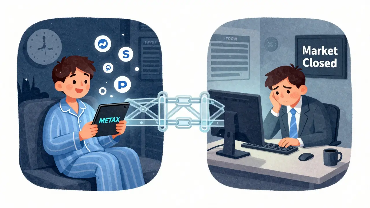 Un utente compra METAX alle 3 del mattino mentre un trader a New York guarda un mercato chiuso, in un contrasto visivo tra libertà e limiti.