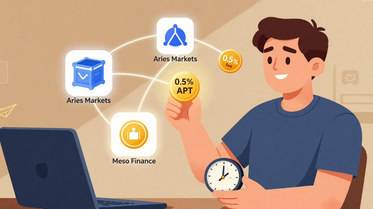 Un utente usa il token STAPT per interagire con protocolli DeFi, mentre un orologio indica i 14 giorni di attesa per il prelievo.