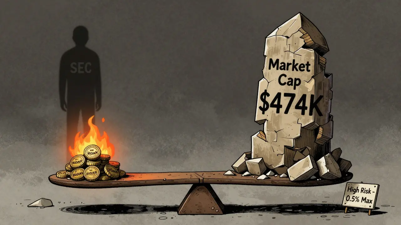 Una bilancia instabile confronta un piccolo stack di token ROAR con una torre che crolla, mentre una figura minacciosa si avvicina.