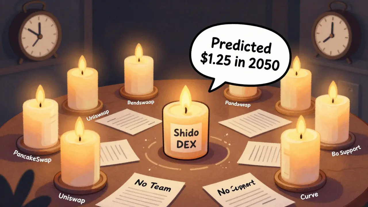 Una candela sola e tremolante chiamata Shido DEX accesa su un tavolo disordinato, circondata da candele più forti, con un orologio che punta al 2026 e un pensiero che parla del 2050.