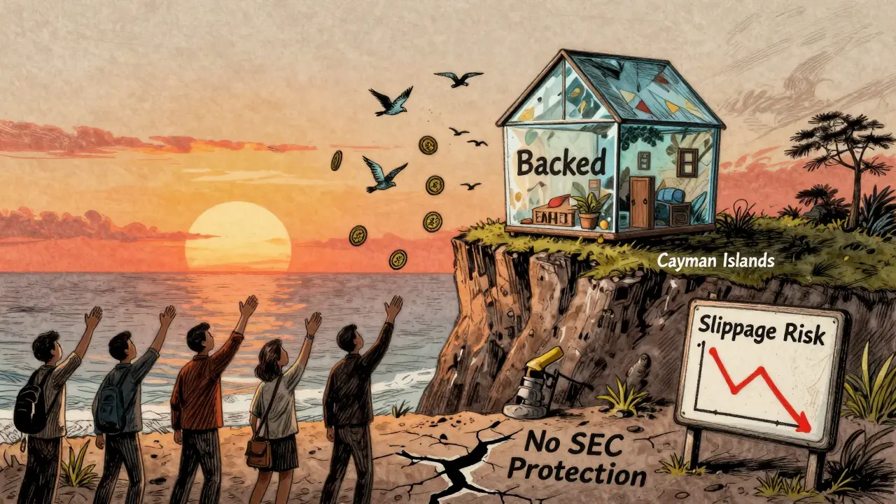 Una casa di vetro con il nome 'Backed' sull'orlo di una scogliera, con token METAX che volano via mentre investitori cercano di afferrarli.