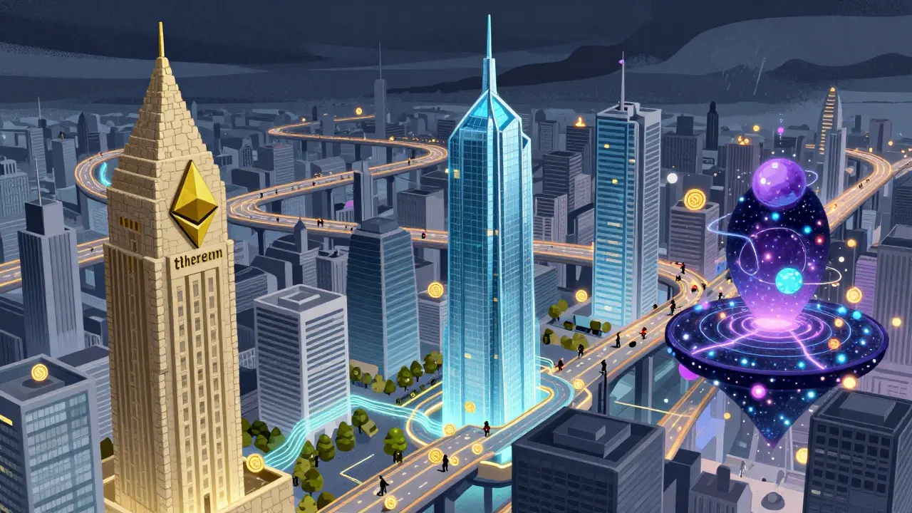 Una città multi-chain con grattacieli collegati da autostrade di dati, utenti che viaggiano senza ostacoli.