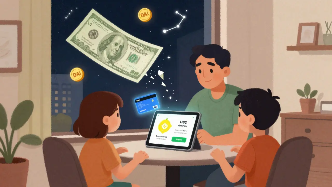 Una famiglia paga la spesa usando un'app digitale che converte automaticamente le stablecoin in peso argentino.