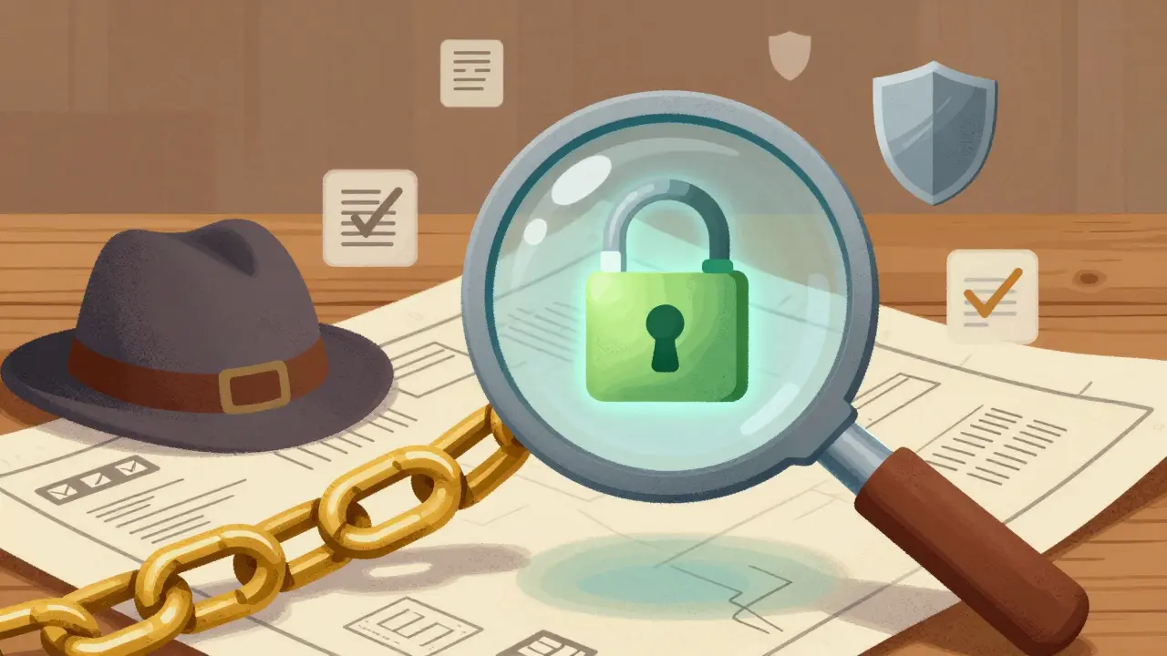 Una lente d'ingrandimento che esamina un lucchetto sicuro su una catena blockchain.