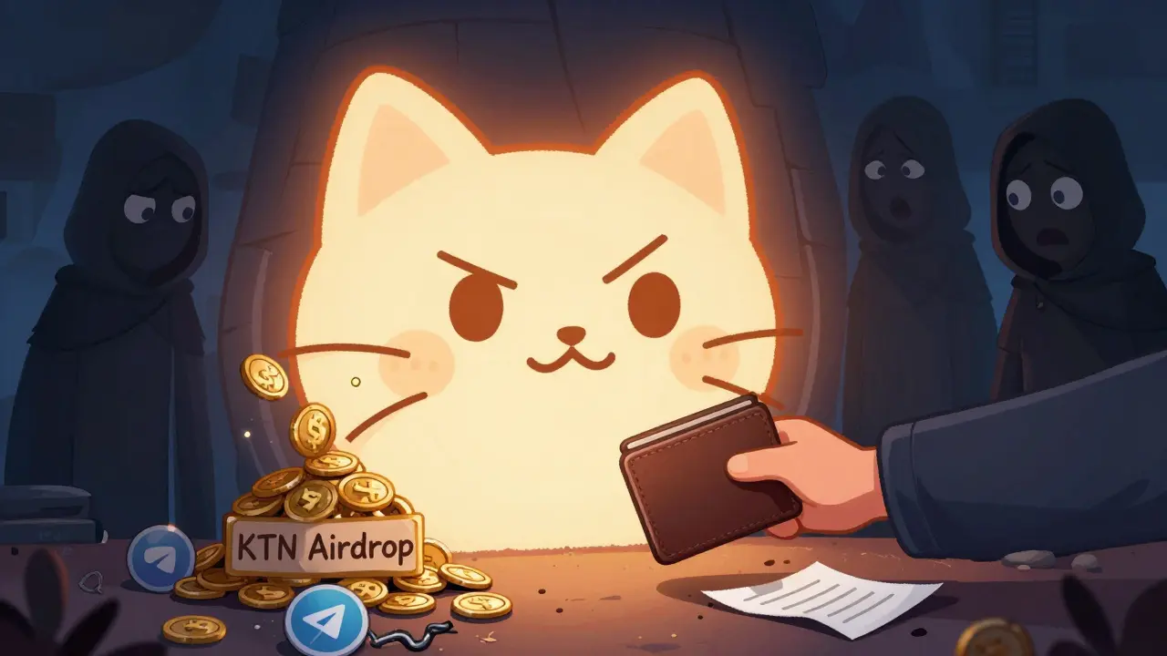 Una mano che raggiunge un portale a forma di gatto cuore, mentre figure ombrose rubano criptovalute.