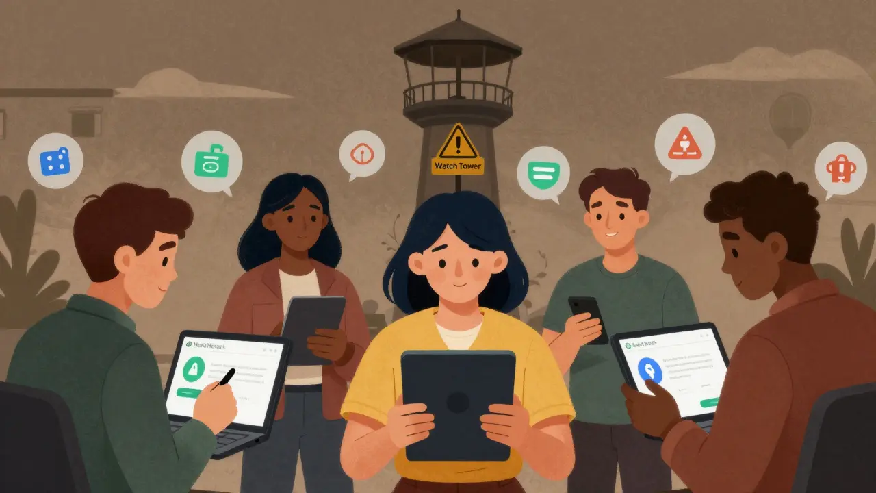 Uomini e donne che usano Manta Network mentre una torre di controllo regolatorio osserva da lontano.