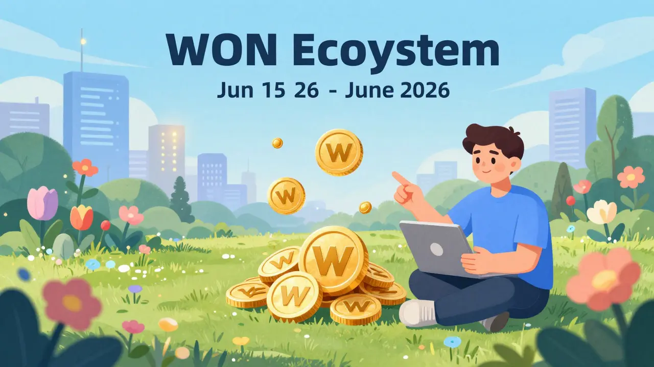 Utente che stakeggia token WON in un giardino digitale, con monete che fioriscono e scambi cripto in lontananza, simbolo della fase 2 del progetto.