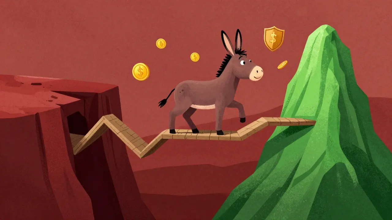 Asino che cammina su un grafico di prezzo volatile e zigzagante.