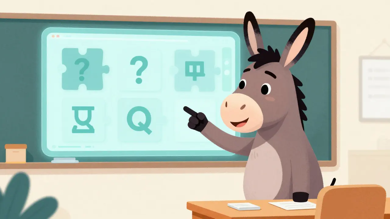 Asino che insegna concetti di blockchain in un'aula digitale.