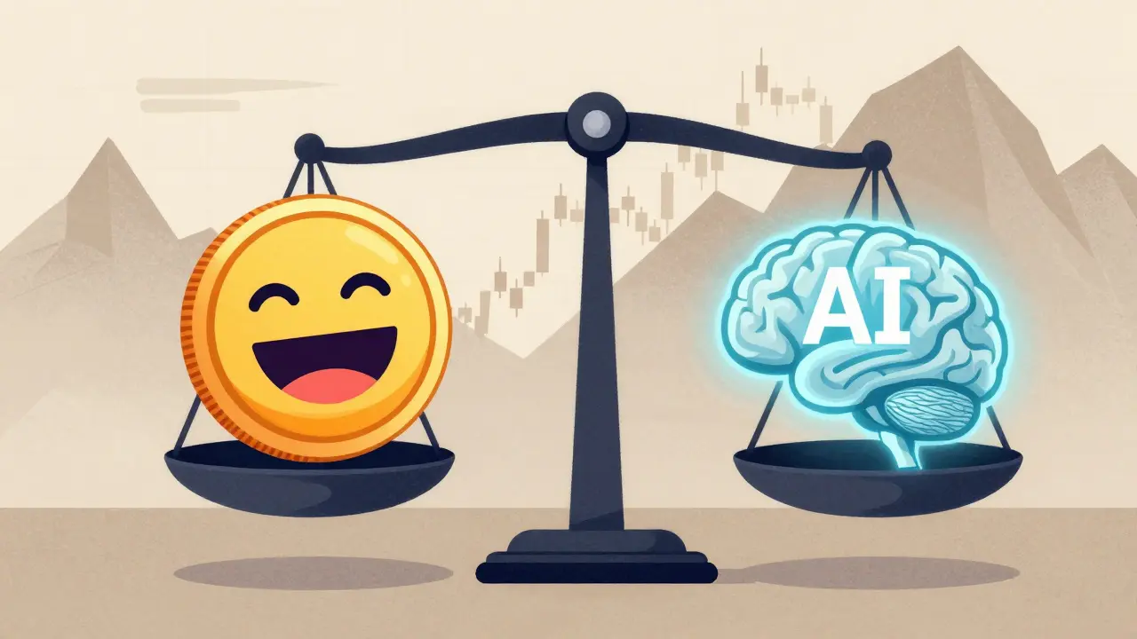 Bilancia concettuale tra una meme coin e l'utilità dell'intelligenza artificiale.