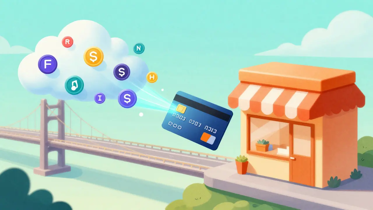 Carta di pagamento che collega token digitali a un negozio fisico in stile illustrato.