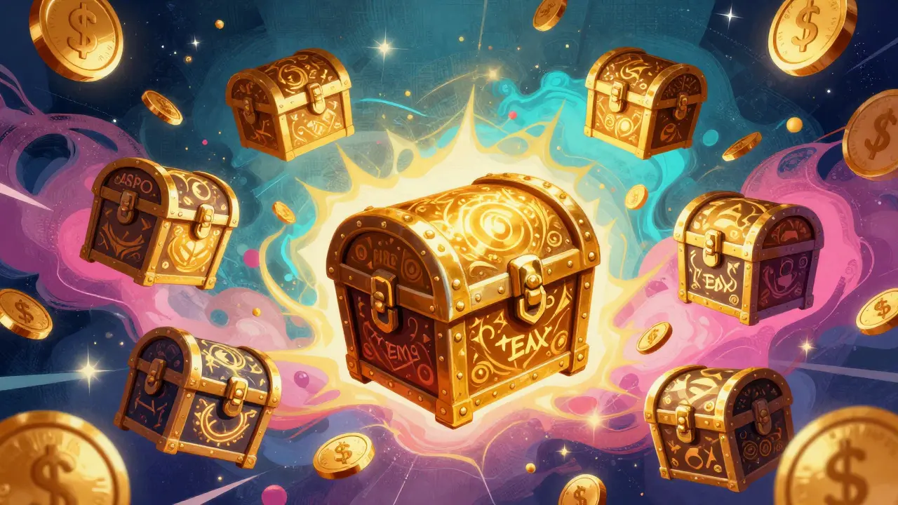 Cassapane NFT Elite Box e token $ASPO dorati che fluttuano in uno spazio digitale.