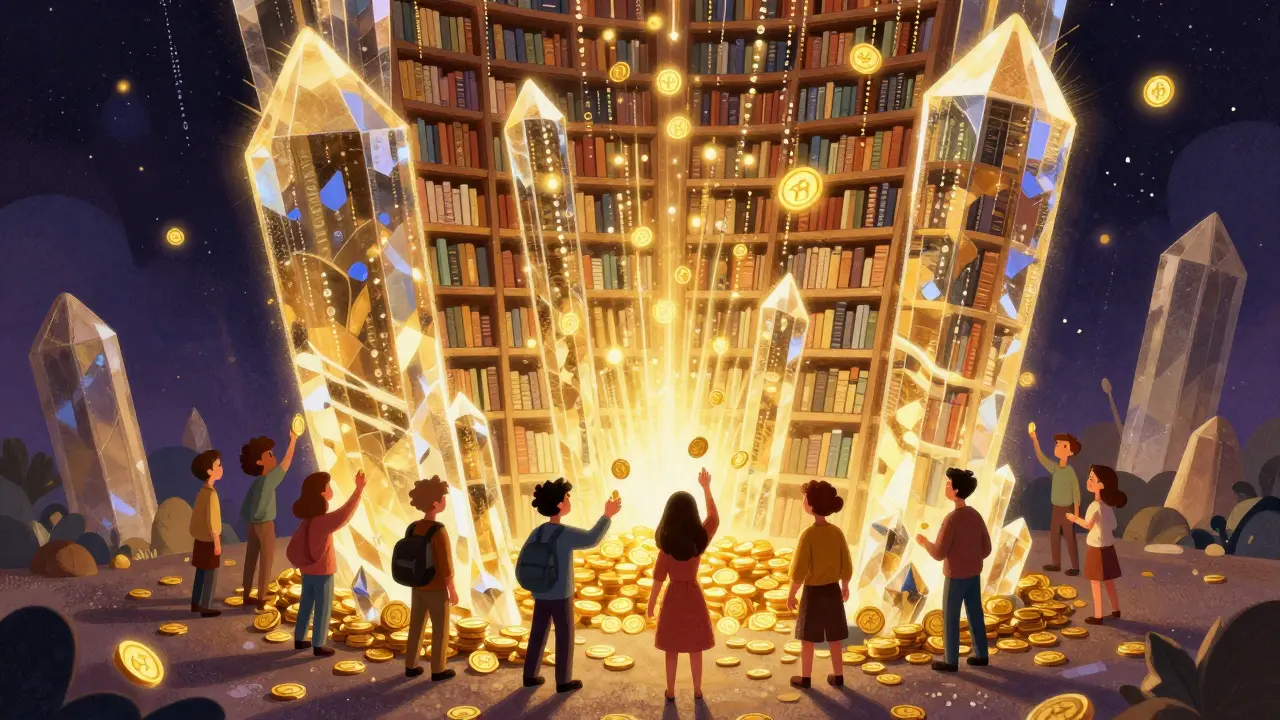 Comunità che alimenta una libreria digitale di blockchain con token.