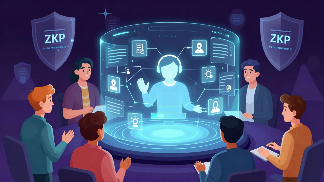 Comunità che interagisce con un'IA e scudi di privacy per una governance DAO futura.