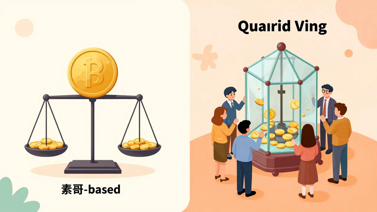 Confronto illustrato tra voto basato su token e voto quadratico in un ambiente colorato.