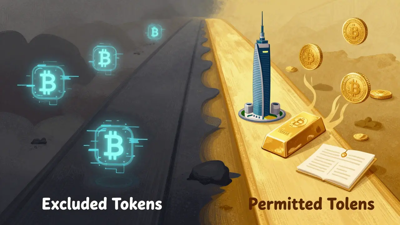 Confronto tra crypto proibite e token di asset reali in stile illustrazione testurizzata.