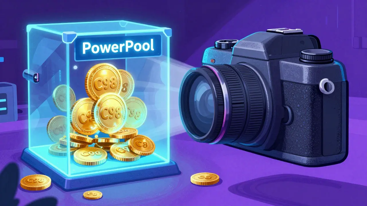 Fotocamera stilizzata che cattura token C98 all'interno di un caveau digitale PowerPool.