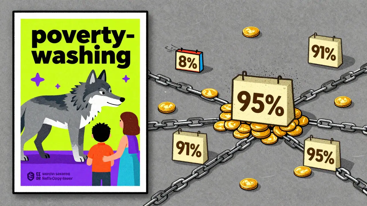 Illustrazione che mostra il contrasto tra la promessa umanitaria e la trappola finanziaria.