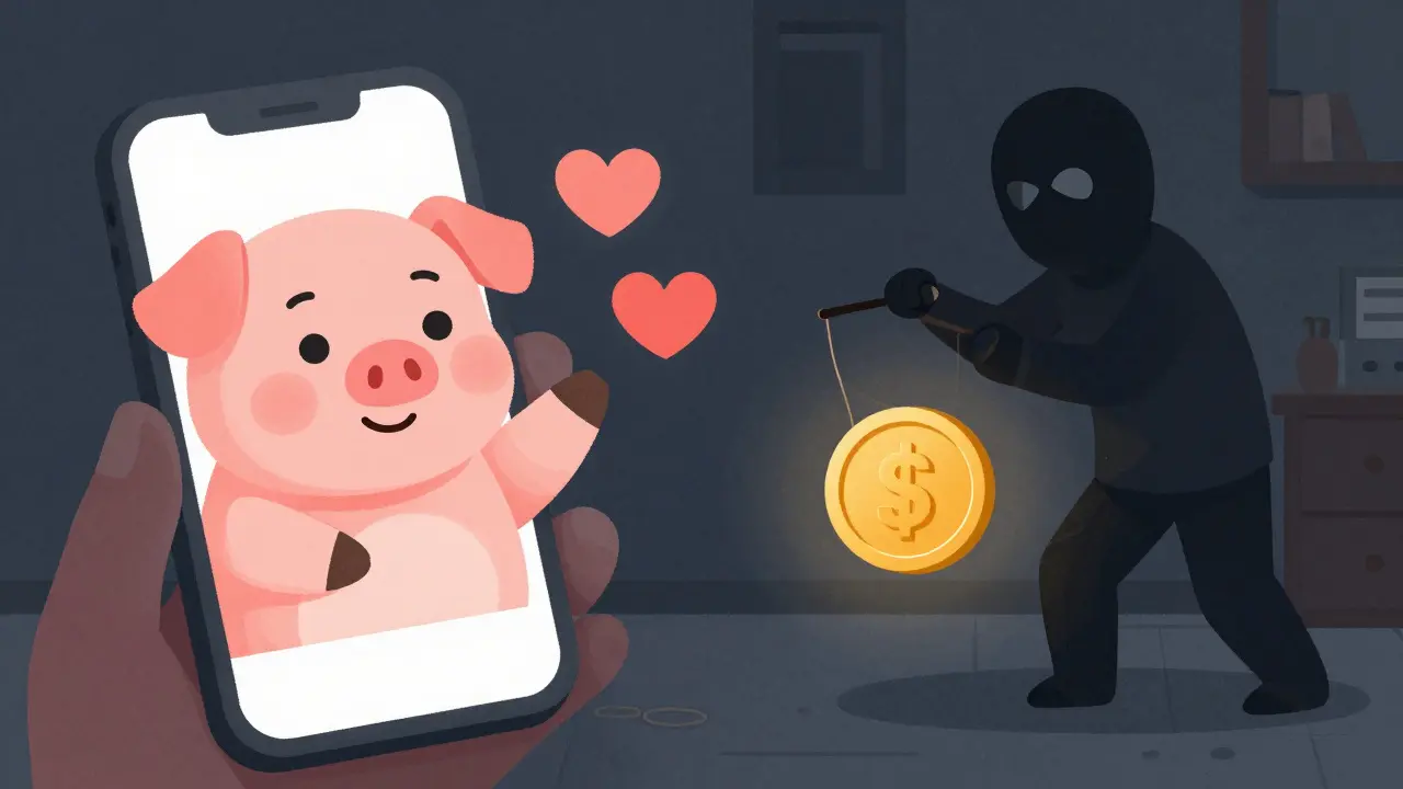 Illustrazione della truffa Pig Butchering con un profilo amichevole e un truffatore nell'ombra