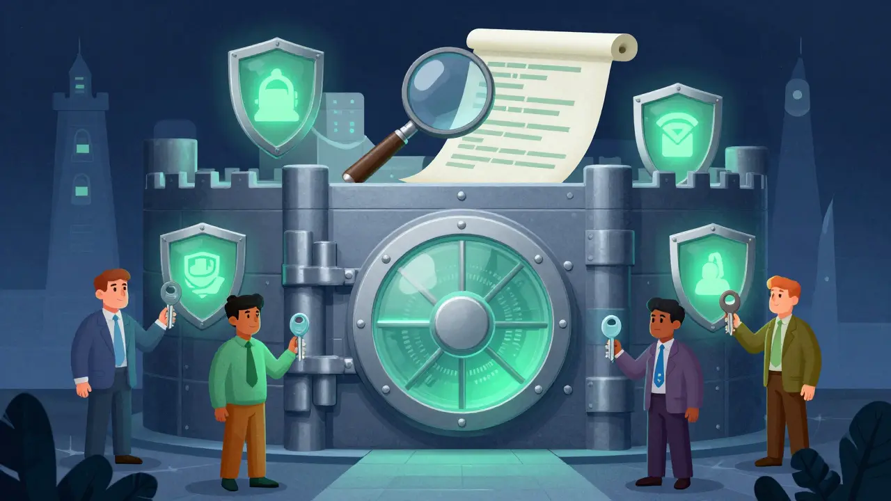 Illustrazione di un caveau digitale protetto da più chiavi e scudi per rappresentare la sicurezza MPC.