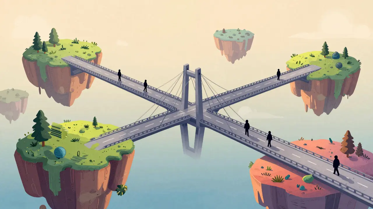 Illustrazione di un ponte digitale che collega diverse blockchain in modo anonimo.