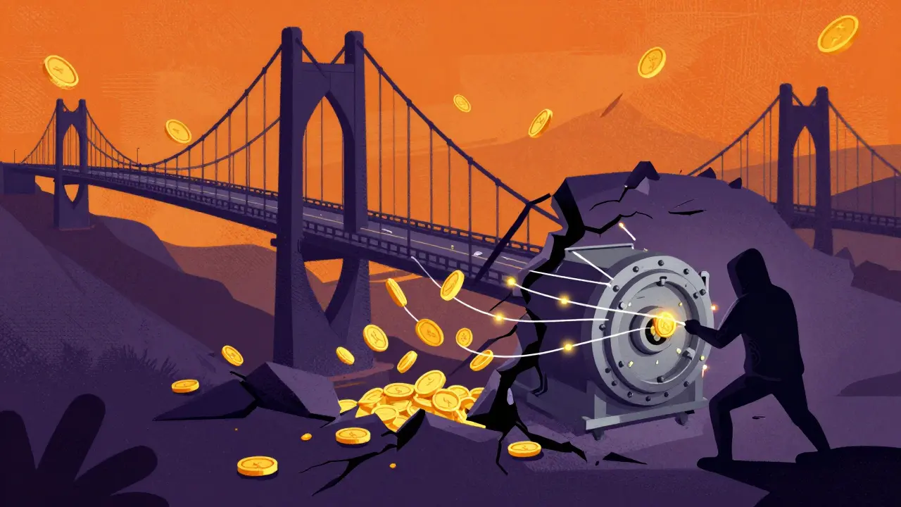 Illustrazione di un ponte digitale che crolla a causa di un attacco hacker, con token che cadono.