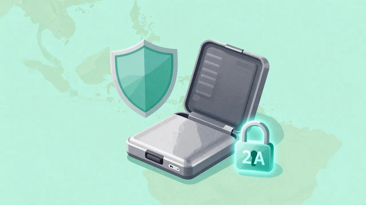 Kit di sicurezza digitale con hardware wallet, scudo e simbolo di autenticazione a due fattori.