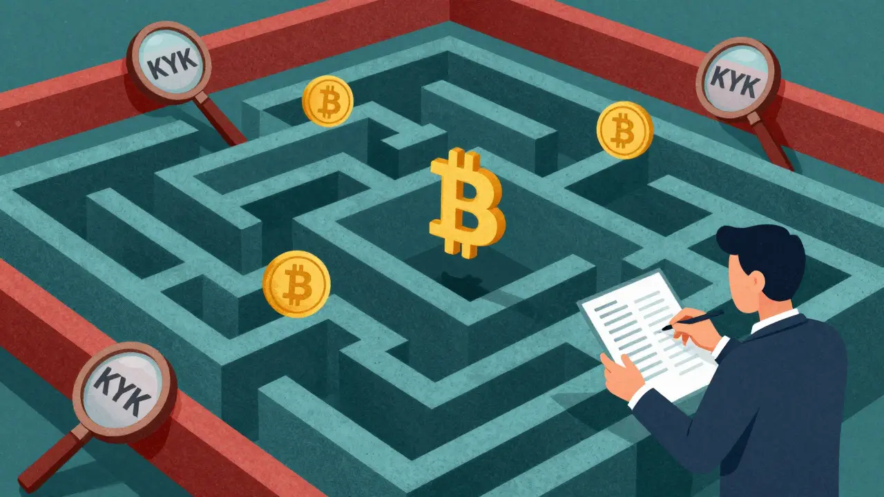 Labirinto di criptovalute con lenti d'ingrandimento che simboleggiano i controlli KYC e la conformità.