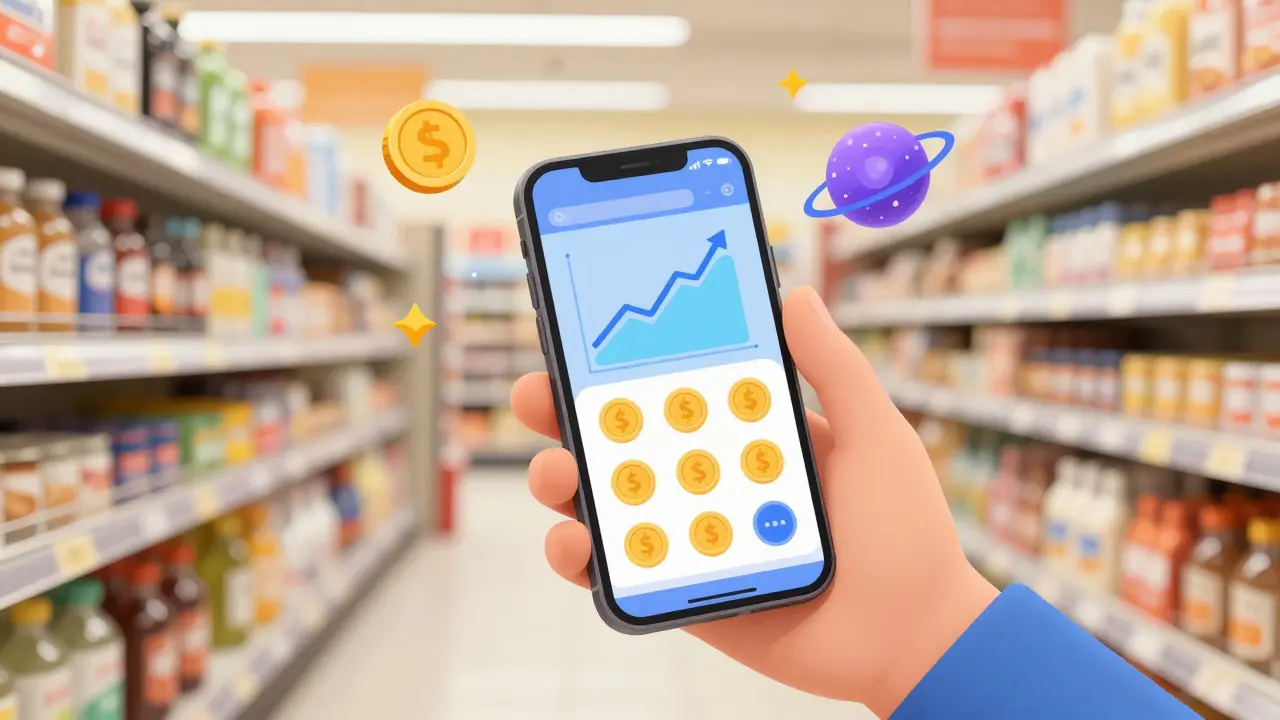 Mano che usa un'app di trading crypto tra gli scaffali di un supermercato.