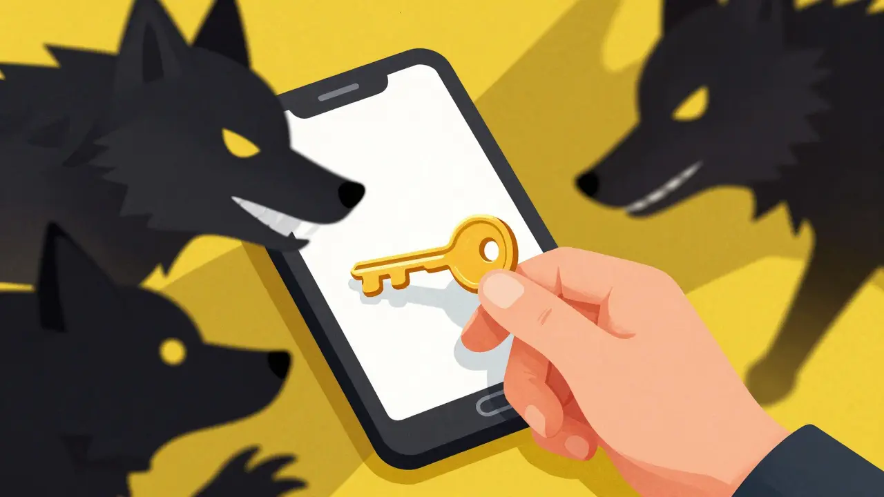 Ombre di lupi che cercano di rubare la chiave privata di un wallet digitale.