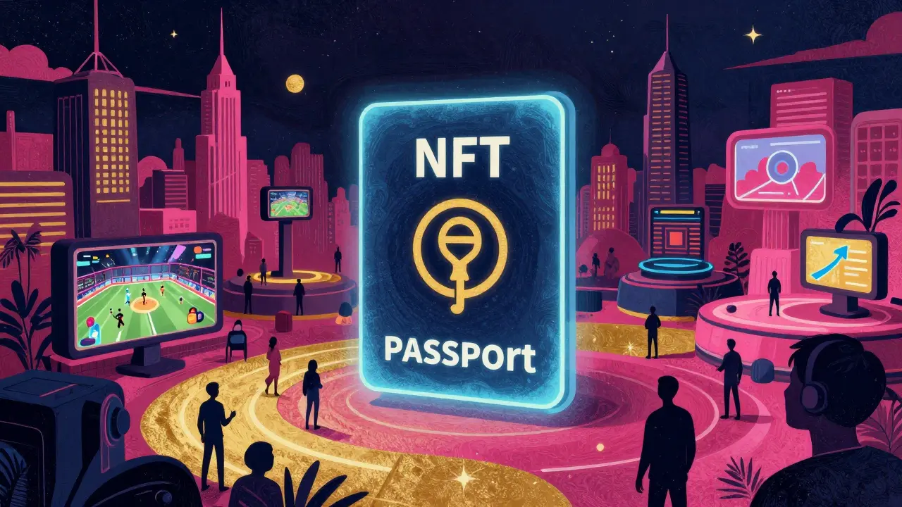 Passaporto NFT luminoso che apre l'accesso a città e mondi virtuali futuristici.