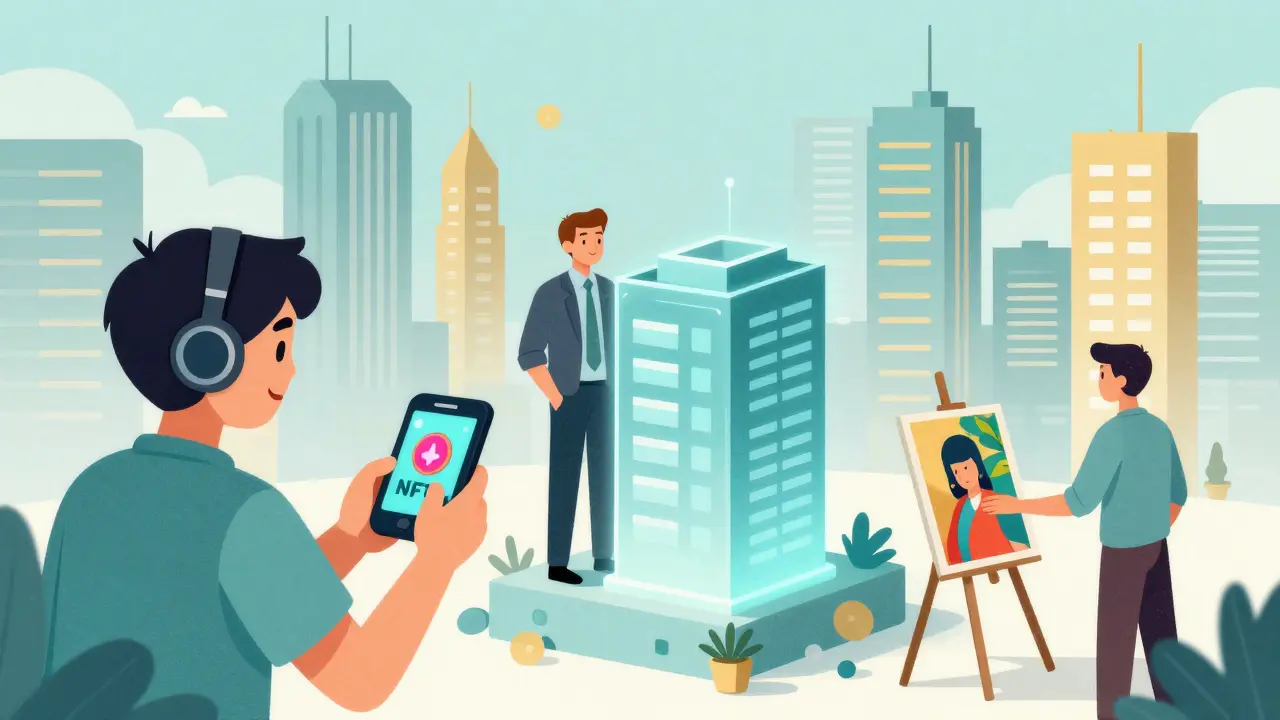 Persone che usano NFT, gaming e asset tokenizzati in una città digitale futuristica.