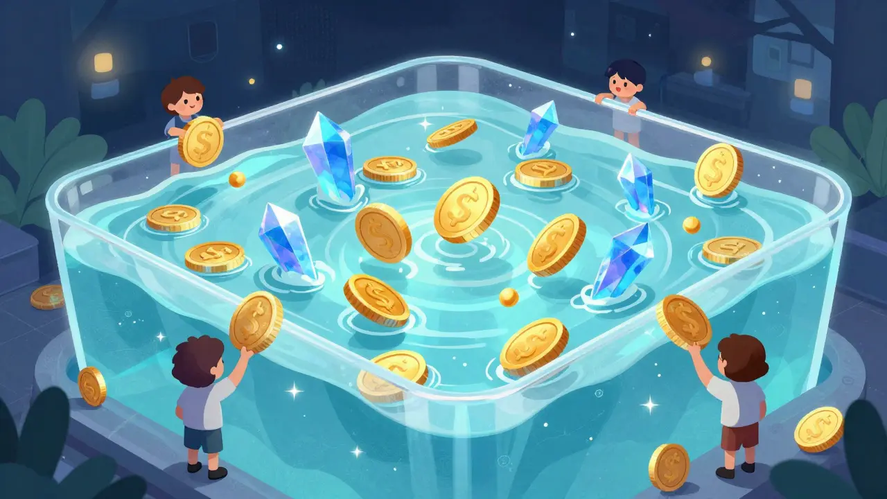 Rappresentazione artistica di una pool di liquidità con token colorati che fluttuano.