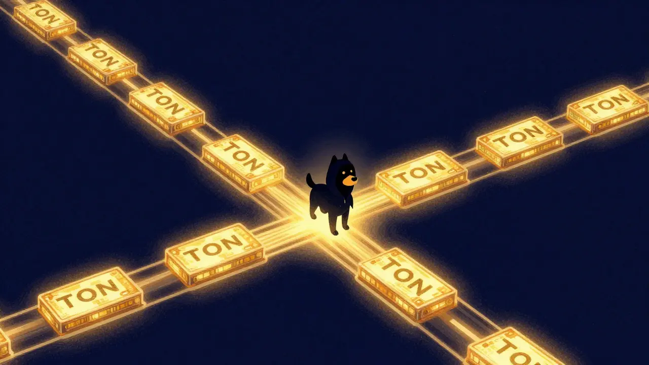Rappresentazione concettuale della blockchain TON con flussi di dati e il cane ribelle.