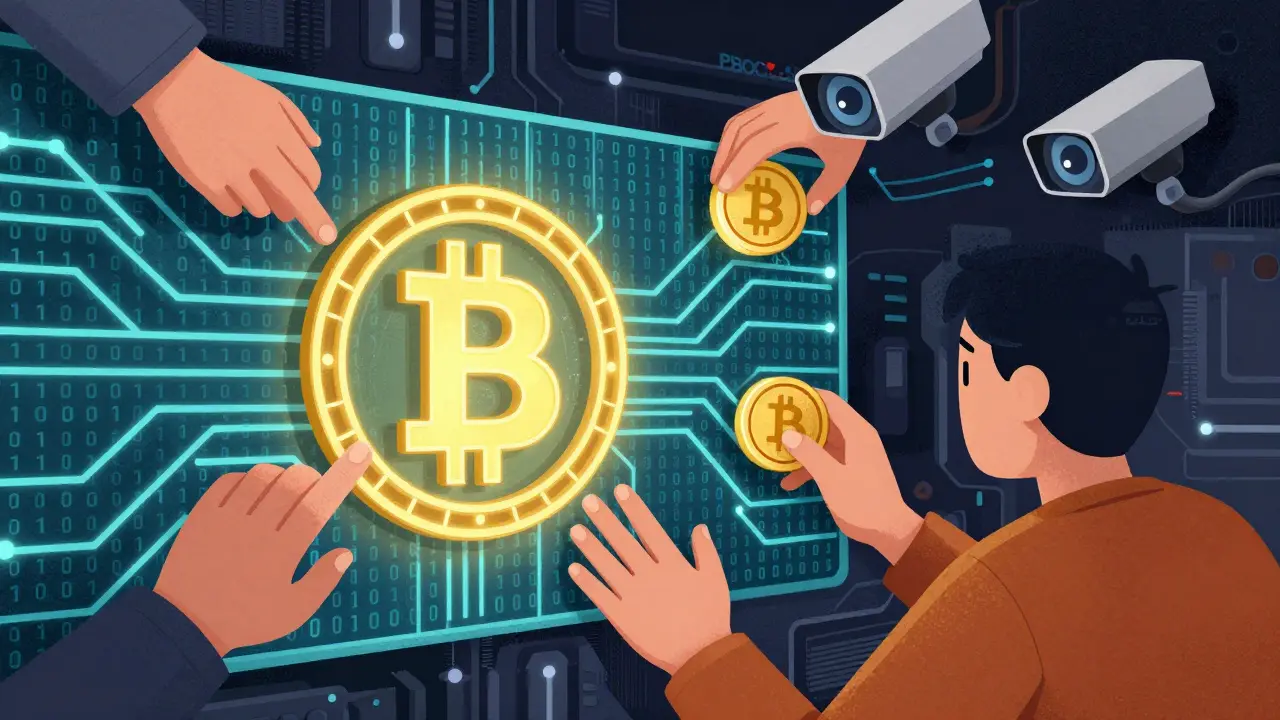 Rappresentazione concettuale di algoritmi di sorveglianza che bloccano Bitcoin in Cina.