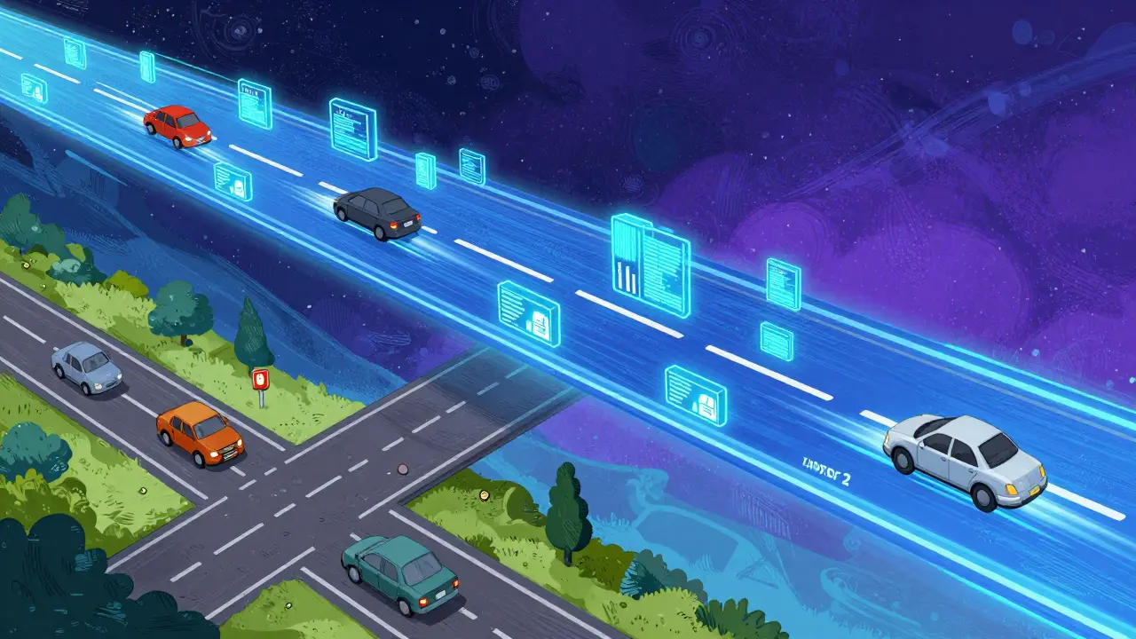 Rappresentazione concettuale di autostrade digitali veloci sopra una vecchia strada provinciale.