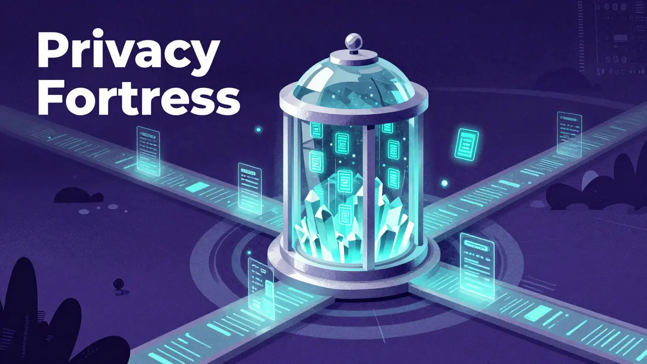 Rappresentazione stilizzata di una fortezza digitale che protegge la privacy dei dati.