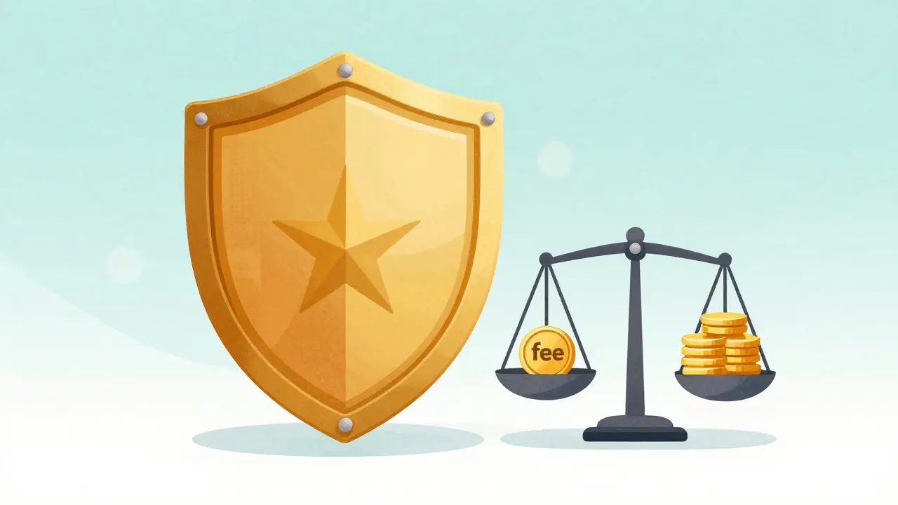 Scudo dorato che protegge un portafoglio digitale con una bilancia dei costi.