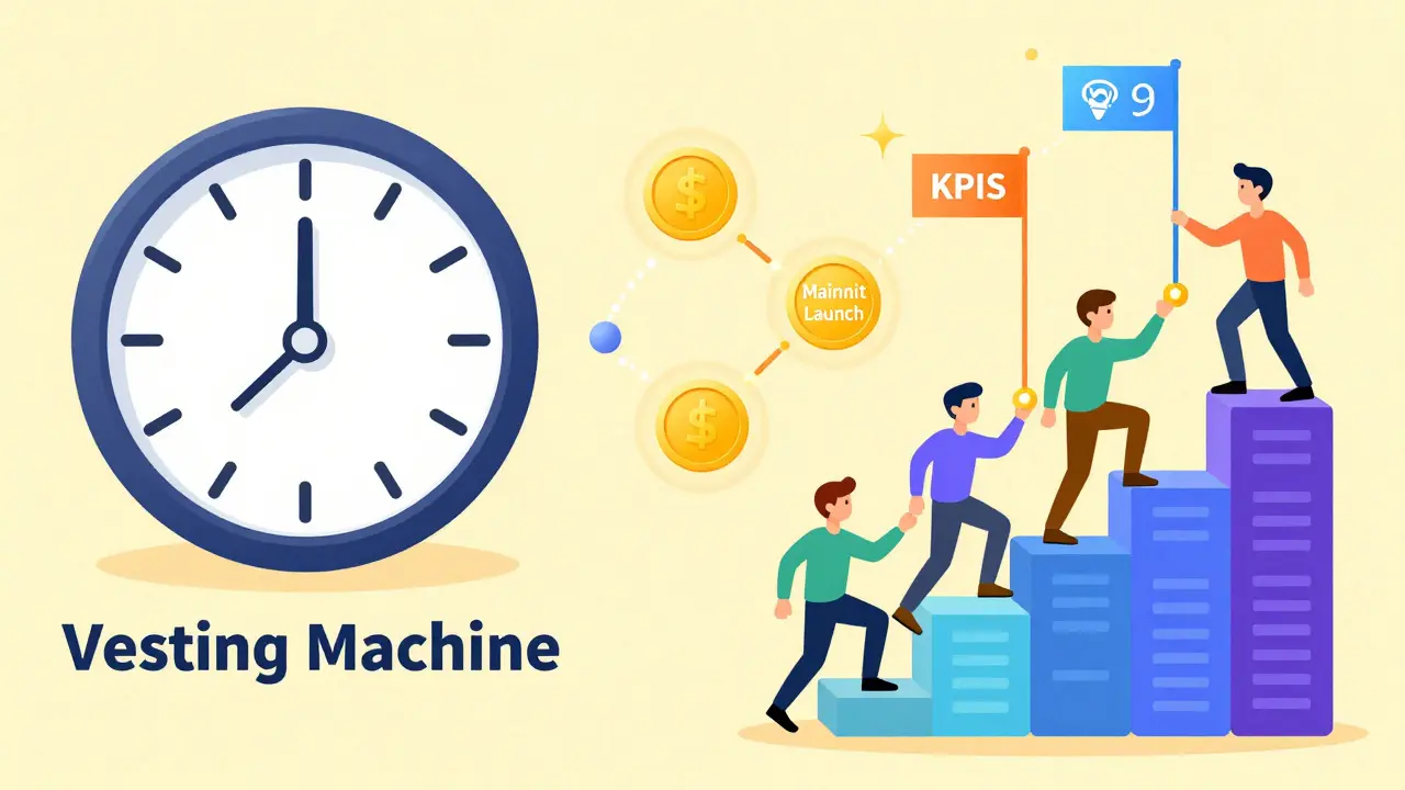 Sviluppatori che sbloccano token raggiungendo traguardi tecnici in stile cartoon.