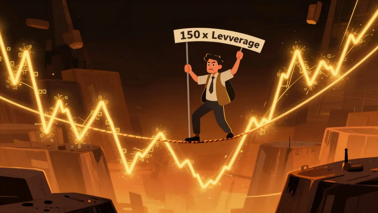 Trader su una fune sospesa che simboleggia l'alto rischio della leva finanziaria 150x.