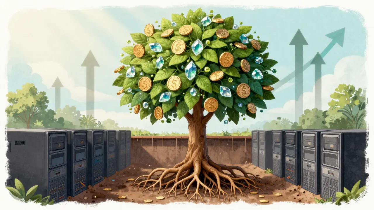 Un albero prospero con foglie moneta che indica crescita economica futura.