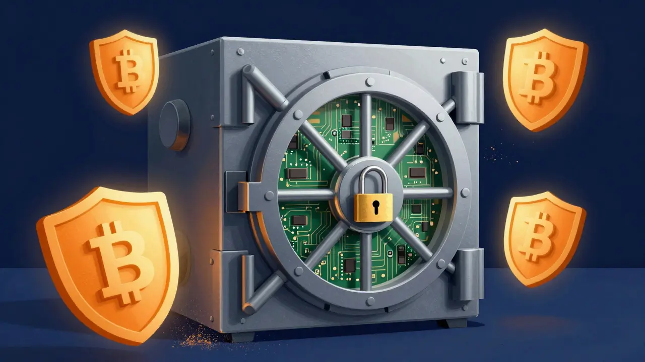 Una cassaforte digitale protetta da scudi e lucchetti crittografici.
