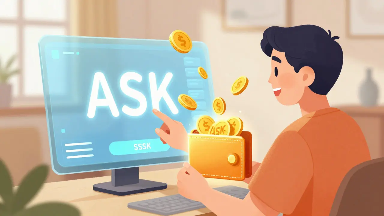 Utente che riceve token ASK in un wallet digitale guardando video.