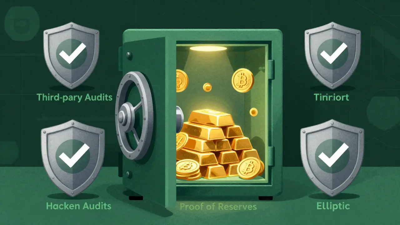 Cassaforte aperta con riserve di criptovalute e scudi di sicurezza