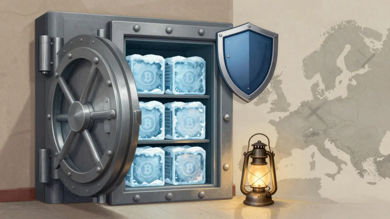 Cassaforte di sicurezza con custodienza fredda e mappa europea senza Stati Uniti