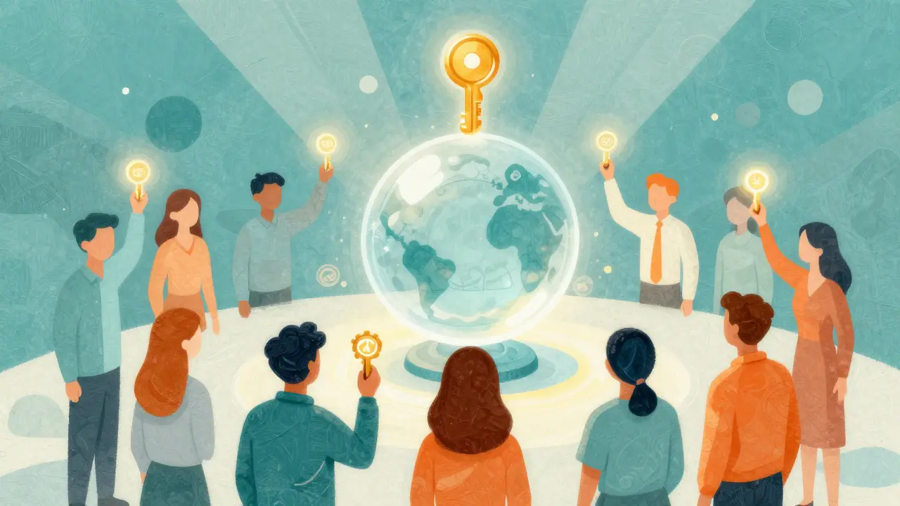Comunità che vota con token FARM luminosi per la governance