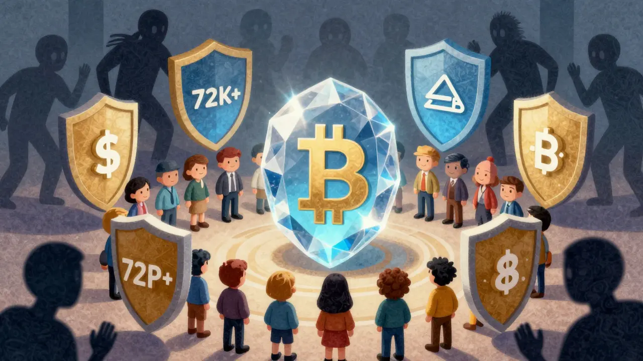 Gemma del token BP protetta da scudi luminosi e molti avatar
