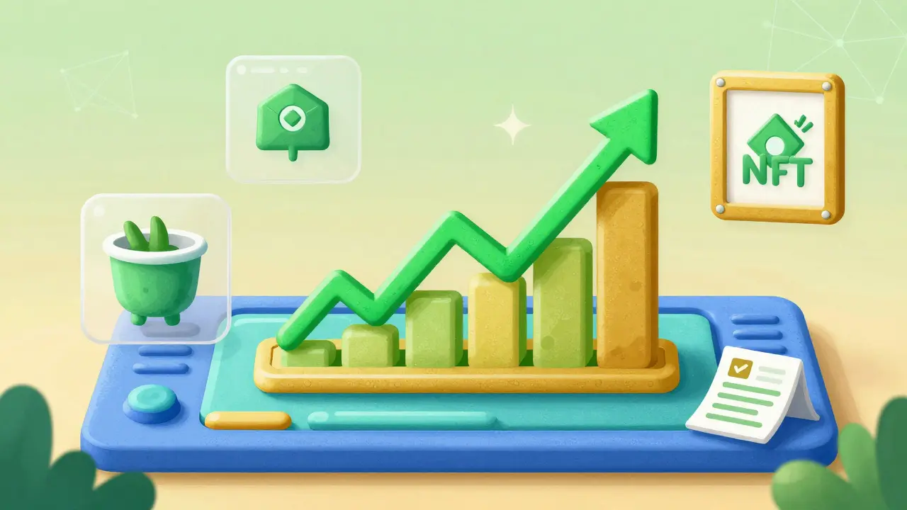 Grafico di crescita stilizzato con icone DeFi come pool di liquidità e NFT in stile cartone animato.