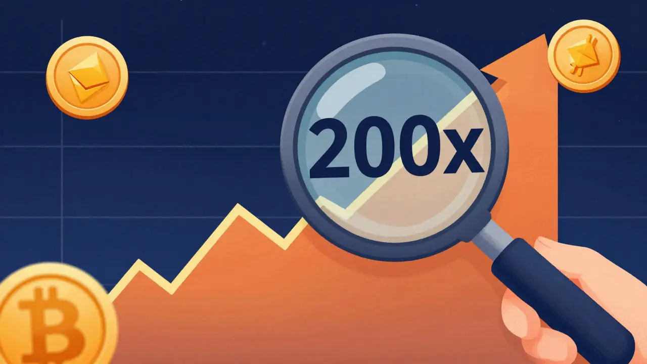 Grafico di trading con leva 200x e monete digitali in stile illustrativo
